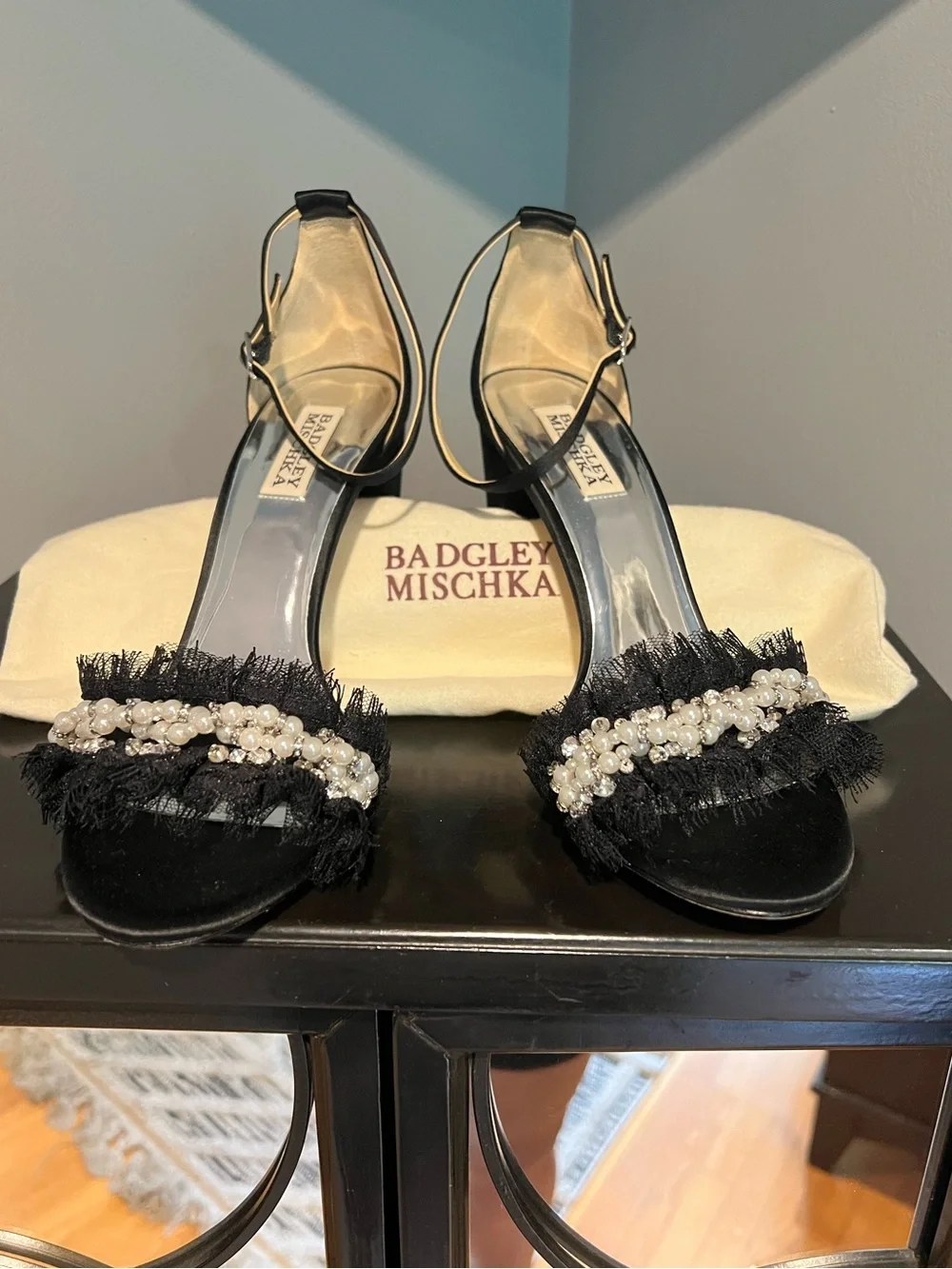 Badgley Mischka Fleur Pearl-Trim Fringe Sandals